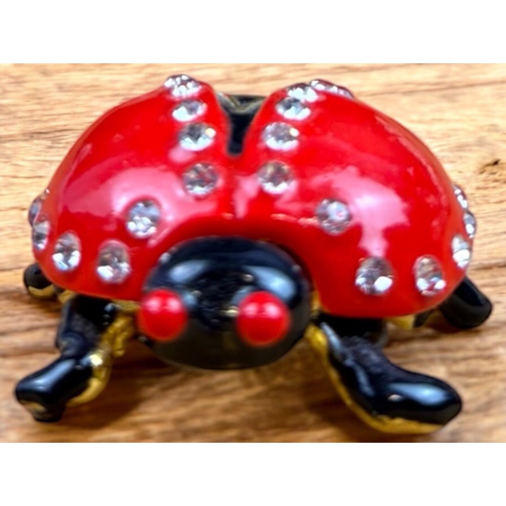 Jeweled Red Ladybug Hinged Metal Enameled Rhinestone Trinket Box